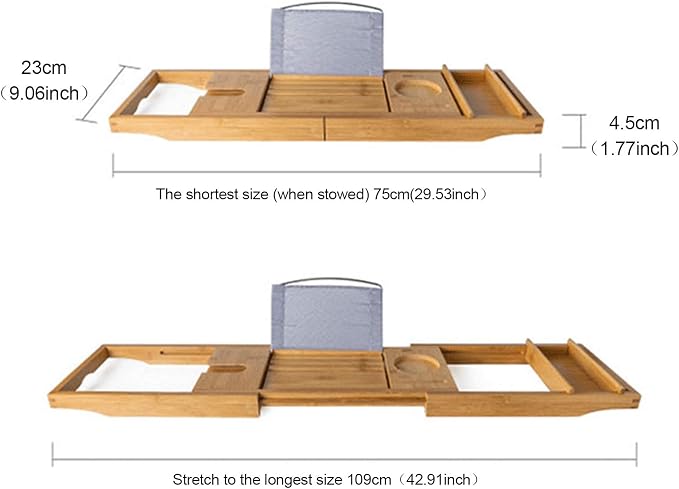 Bamboo Bathtub Tray, Expandable Bath Tray Multifunctional Drain Bath Shelf Caddy Tray Bathtub Storage Rack Bath Tub Tray Table for Candle Towel Book Wine Phone Shower