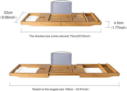 Bamboo Bathtub Tray, Expandable Bath Tray Multifunctional Drain Bath Shelf Caddy Tray Bathtub Storage Rack Bath Tub Tray Table for Candle Towel Book Wine Phone Shower