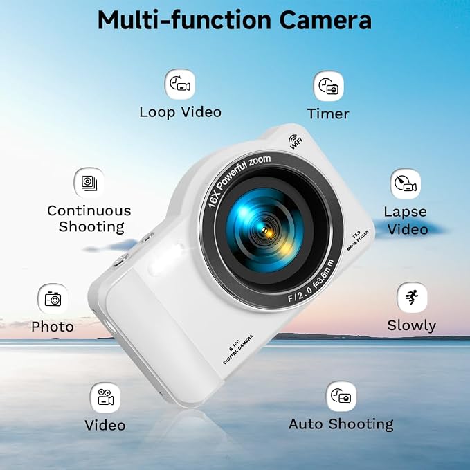 Digital Camera, 4K WiFi 75MP Dual Camera Point and Shoot Camera with Touchscreen and 16X Zoom, Autofocus Vlogging Cameras for YouTube and Travel, with 32GB Card for Kids, Teens, Beginners (White)