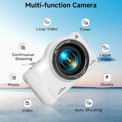 Digital Camera, 4K WiFi 75MP Dual Camera Point and Shoot Camera with Touchscreen and 16X Zoom, Autofocus Vlogging Cameras for YouTube and Travel, with 32GB Card for Kids, Teens, Beginners (White)
