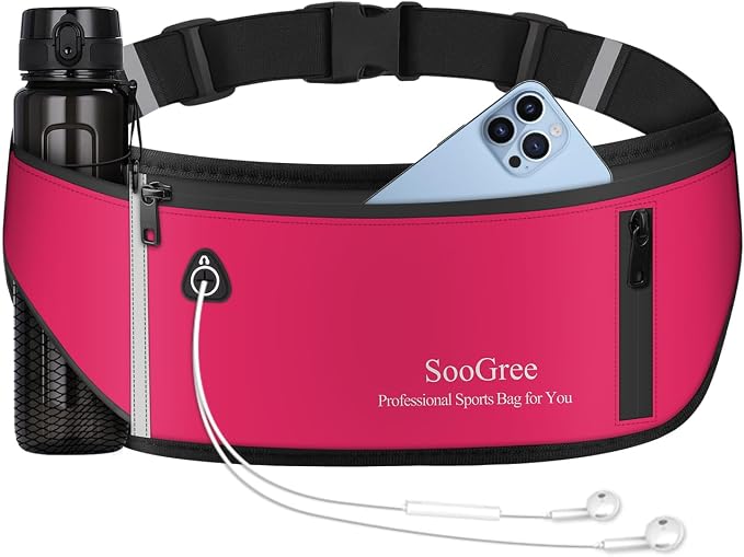 SooGree Slim Running Belt Fanny Pack, Resistant Waist Pack Money Belt Bag for Hiking Cycling Workout, Gym Phone Holder with Adjustable Strap (Rose)