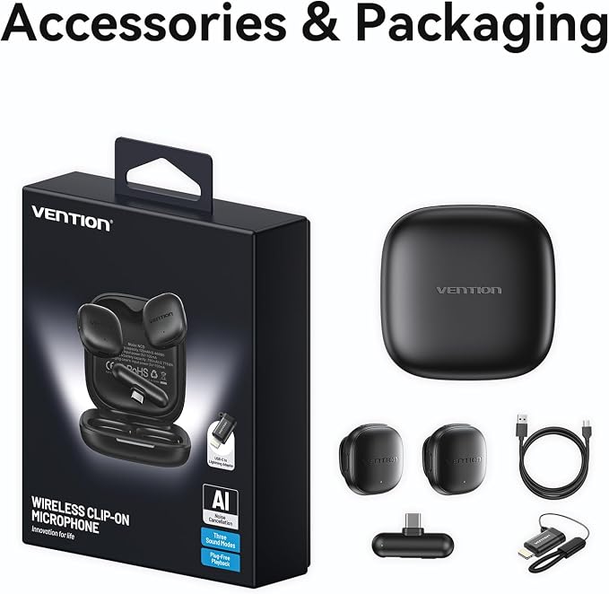 VENTION Mini Wireless Microphone for iPhone 17/16/15 Pro Max, USB C Bluetooth Microphone for Android/Camera, Ai Noise Cancelling Lavalier Mic with 24H Charging Case for Video Recording Vlogging