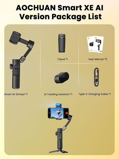 AOCHUAN XE AI Version,Gimbal Stabilizer for Smartphone,NO APP AI Tracking, Gesture Control,360°Inception Gimbal with TikTok YouTube,3-Axis Foldable Handheld Tripod for iPhone& Android,Black