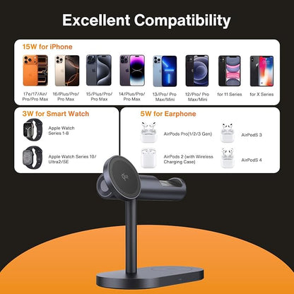 iVANKY 4 in 1 Qi2 Certified Wireless Charger Stand for iPhone 17e, Night Light for MagSafe Charging Station, 25W Charge for iPhone 17/16/15/14/13/12/11 Plus/Pro/Max,Apple iWatch, Airpods Pro 2/3
