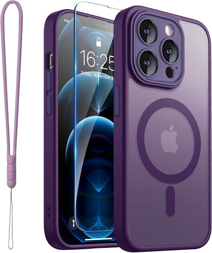 ROYBENS for iPhone 12 Pro-Max Matte Clear Case Compatible with Magsafe, Full Camera Lens Protection, Screen Protector, Wrist Strap, Translucent Magnetic Slim Hard Protective Phone Cover, Purple