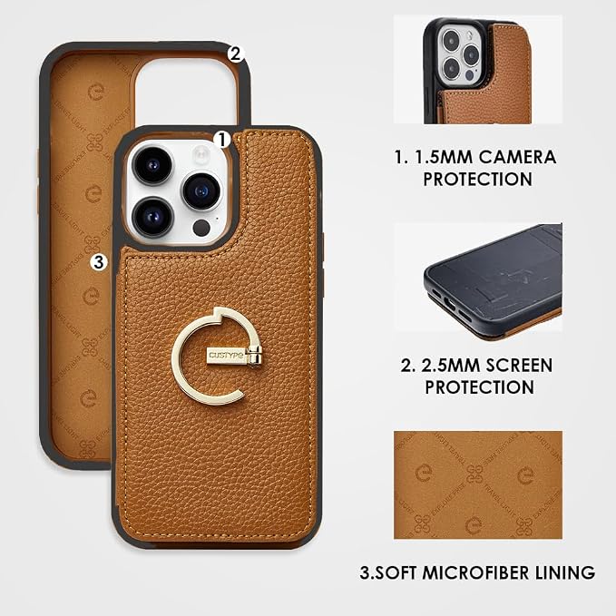 CUSTYPE for iPhone 14 Pro Wallet Case with Card Holder,180°Folding Ring Kickstand Card Slots,Leather Case with Wallet for Women and Men for iPhone 14 Pro 6.1"-Brown
