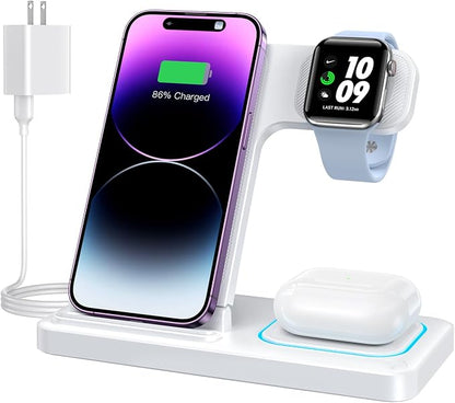 DUMTERR 3 in 1 Wireless Charger for iPhone 16/15/14/13/12/11/Pro/Max/XS, Wireless Charging Station for Apple Devices, Charging Stand for Apple Watch Series S10, for AirPods 4/3/2/Pro/Pro 2(White)