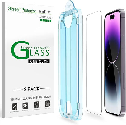 amFilm Easiest Installation OneTouch for iPhone 14 Pro [6.1 Inch] Screen Protector Tempered Glass, Auto-Alignment Tech, Bubble Free and Full Coverage Case Friendly, Anti-Scratch 2 Pack