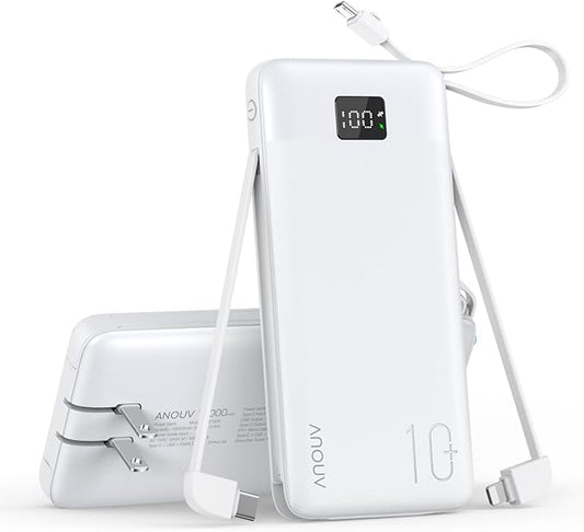 Portable Charger 10000mAh 22.5W PD 3.0+QC 4.0 Super Fast Charging Power Bank with Built-in Cables & AC Wall Plug, Slim External USB C Battery Pack for iPhone 17/16/15/14/13, Android, Samsung, iPad,etc