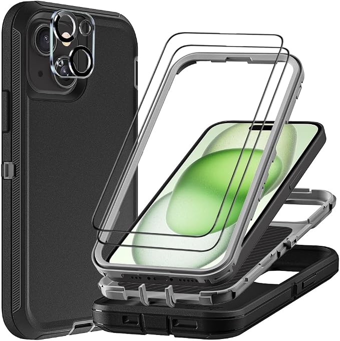 for iPhone 15 Plus Case with 2Pcs Tempered Glass Screen Protector and 1Pcs Camera Lens Protector, Military Grade 3 in 1 Heavy Duty Shockproof/Drop Proof/Dust Proof Case (Black/Grey)