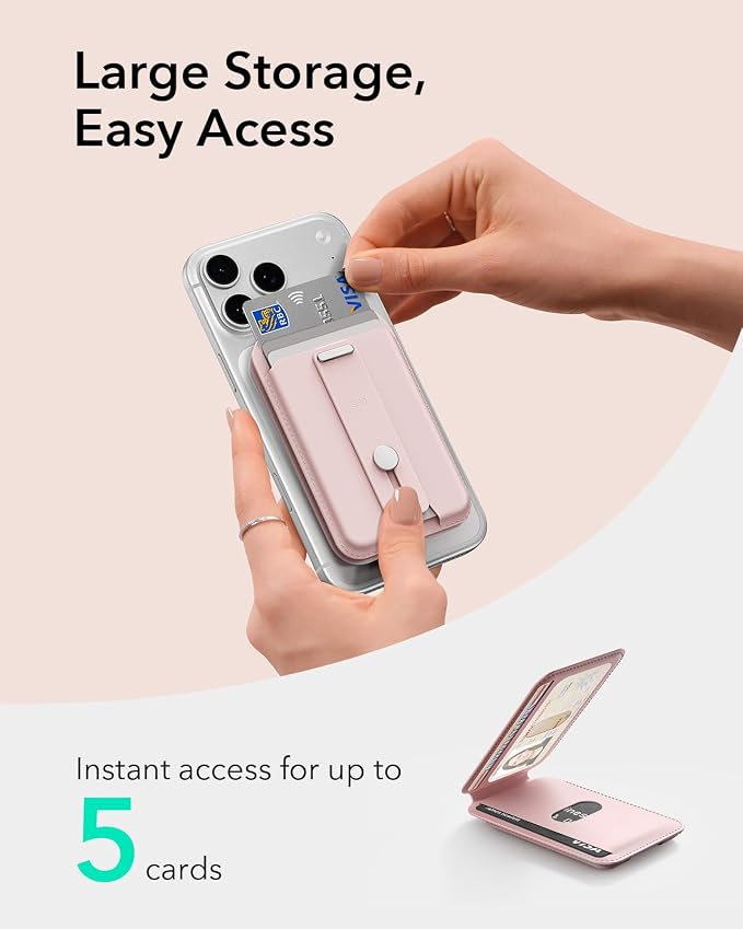 ESR Aura for MagSafe Wallet Stand with Grip, RFID Blocking, MagSafe Ring Included, 5 Card Holder Magnetic Wallet for iPhone 17e/17/16/15/14/13/12 (Not for 13/12 Mini), Selected Samsung,Bubblegum Pink
