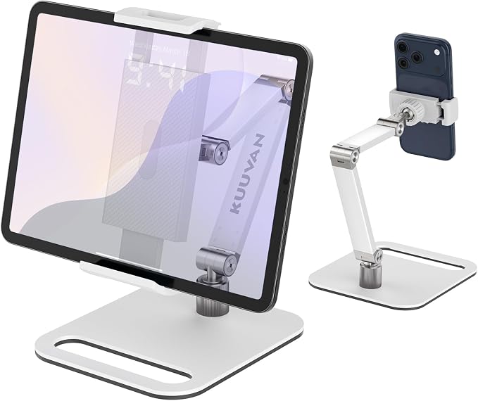 Tablet Stand Holder for iPad, Portable Monitor Stand Holder 15.6'',16'', Aluminum Alloy Foldable Arm Mount with 360° Swivel Desk Mount Compatible with 4.7-16inch Tablet, Cell Phone (White)