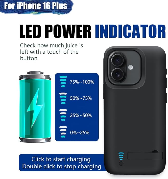 Battery Case for iPhone 16 Plus, 6000mAh Rechargeable Extended Battery Charging/Charger Case, Add 100% Extra Juice (6.7 Inches) Black