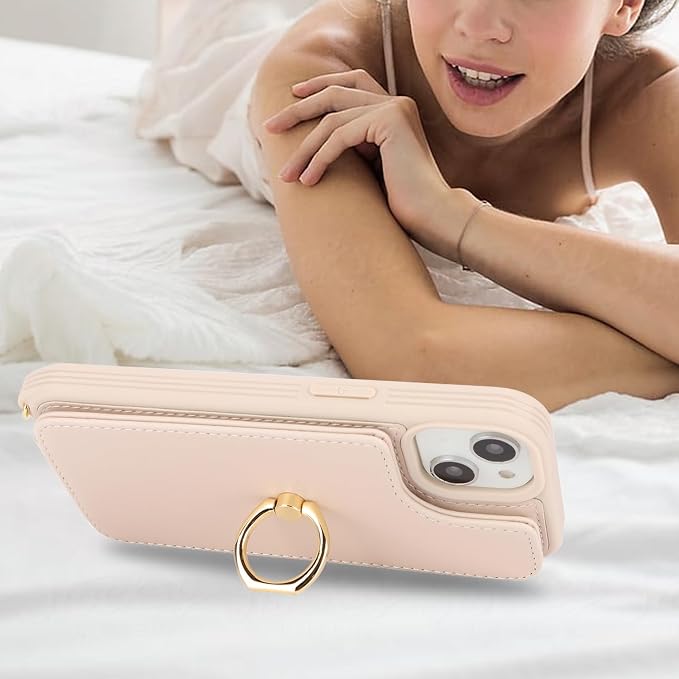 Lipvina for iPhone 14 Case with Card Holder for Women,iPhone 14 Phone Case with Strap,Crossbody Lanyard,RFID Blocking,Ring Stand,Snap Clasp,Cute Wallet Cases 6.1 inch (Beige)