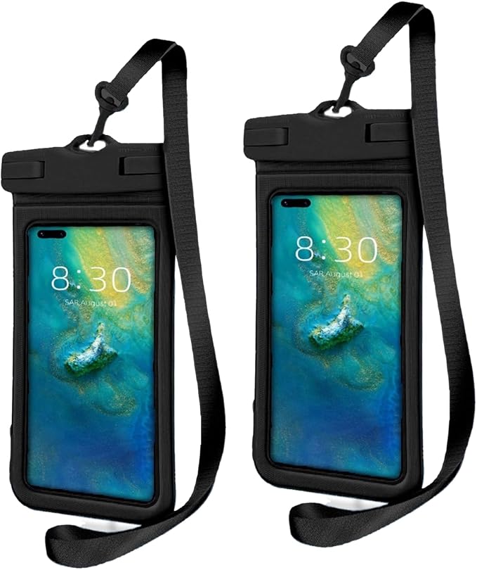 IPX8 Waterproof Phone Case (2-Pack) - Universal Waterproof Bag for iPhone, Samsung, Pixel up to 7” | Clear Touchscreen for Swimming, Snorkeling, Kayaking & Beach (Shadow Black and Shadow Black)