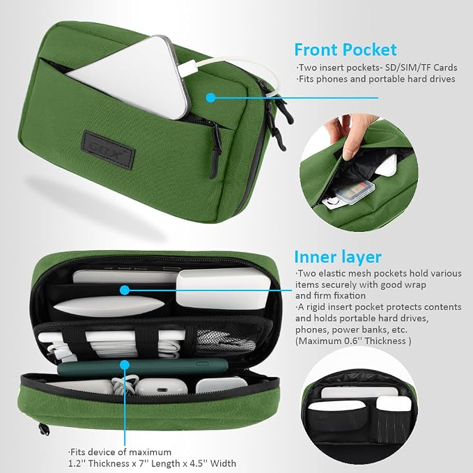GOX Cable Organizer Travel Case, Water Resistant Electronic Accessories Pouch, All-in-One Versatile Tech Storage Bag for Charger, Cord, Phone, Hard Drive & Power Bank (Green)