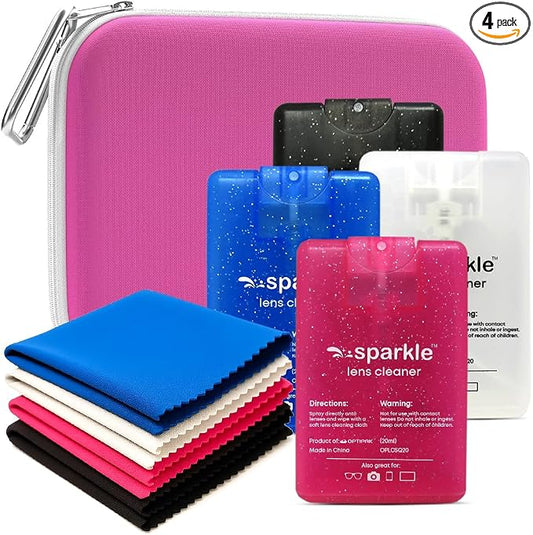 Sparkle Anti-Reflective Safe Square Lens Cleaner Spray Kit – 4 (20ml) Glasses Cleaner Spray with Microfiber Cloths & Travel Pouch for Eyeglasses, Lenses & Camera Cleaning Kit (9 Piece Set)