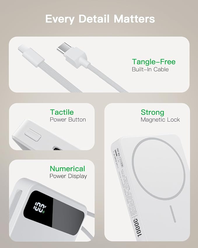 Magnetic Power Bank, 10,000mAh Wireless Portable Charger for Mag-Safe 15W Fast Charging, Battery Pack with USB-C Cable 20W in/Out for iPhone Air/17/16/15/14/13/12/Plus/Pro/Pro Max, AirPods & More