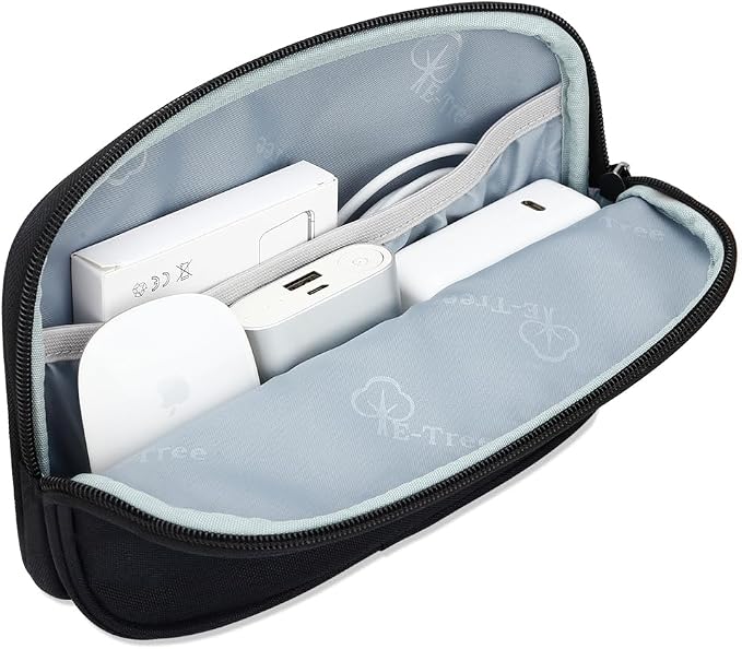 E-Tree Travel Tech Organizer Bag (8.66" x 5.51") – Canvas Electronics Accessories Case for Mouse, USB-C Charger, Cables, Power Bank, SSD, Dongle, Hub & Earphone | Toiletry & Cosmetics Pouch | Black
