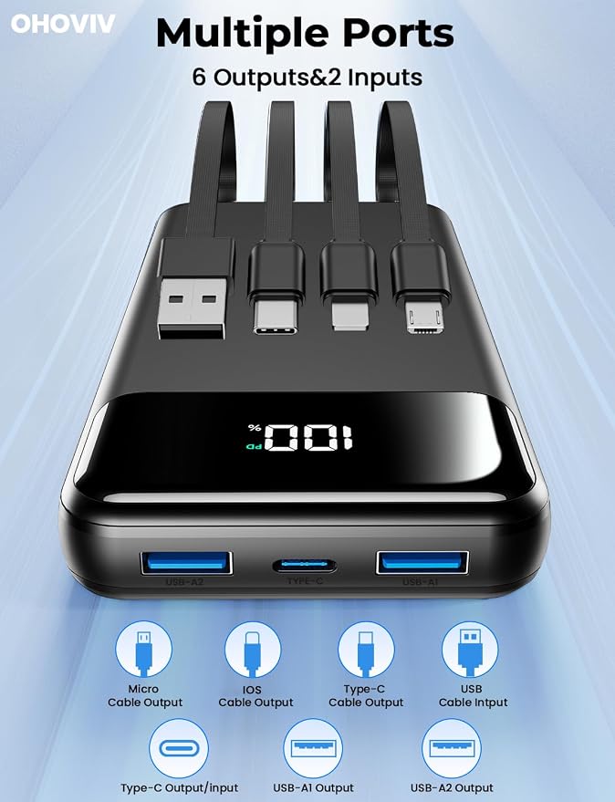 Portable Charger, 50000mAh Power Bank with Built in Cables, 22.5W Fast Charging Battery Pack, Portable Phone Charger for Travel Camping Essential,PowerBank Compatible with iPhone 17/16/15/14, Samsung