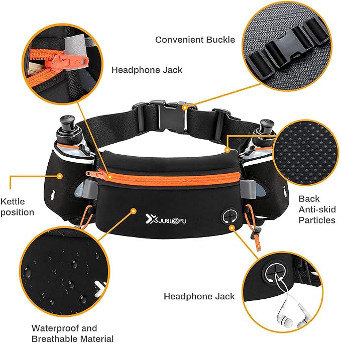 Number-one Running Belt with Water Bottles(2 x 175ML), Hydration Belt Waterproof Waist Pack Bag Fits iPhones Adjustable Sports Waist Pouch for Marathon Running Hiking Cycling