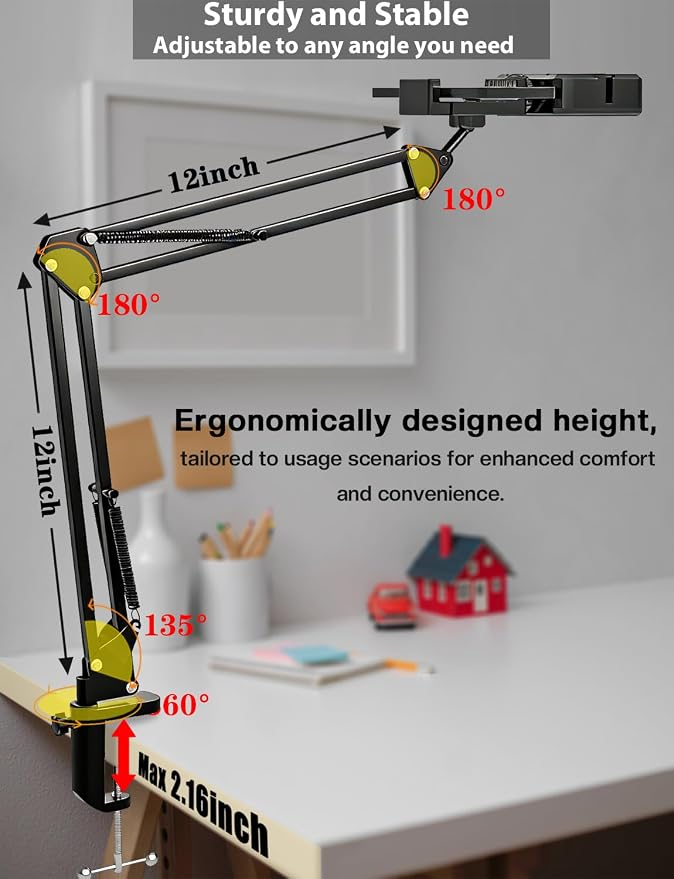 Overhead Phone Mount, Articulating Arm Cell Phone Holder with LED Light, Flexible Phone Stand for Live Streaming, Video Recording, Painting Lighting, Cooking