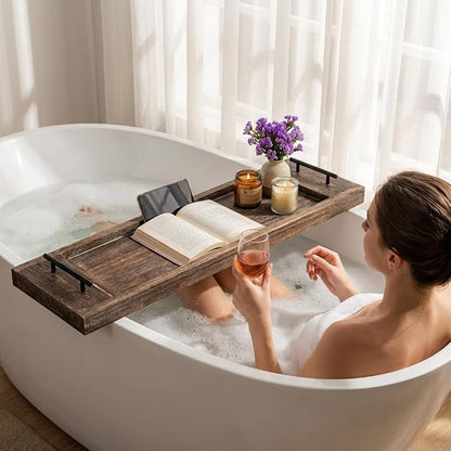Hanobe Bathtub Tray Bath Caddy: Wood Tub Trays Table Extra Large Rustic Bathtub Shelf Across Tub Wooden Serving Tray with Handles for Bathroom, 31"