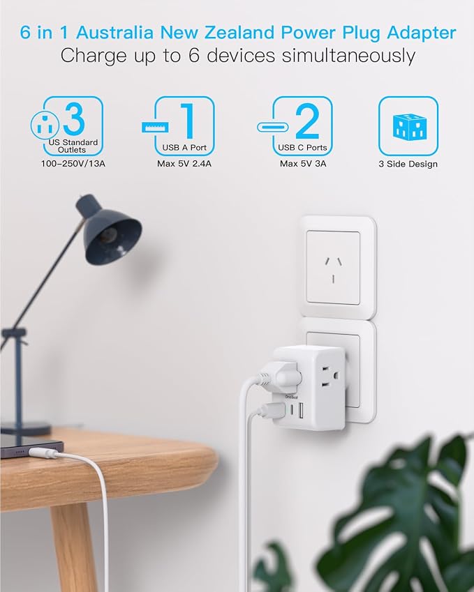 One Beat 2 Pack Australia New Zealand Travel Plug Adapter, Type I Plug Adapter with 3 American Outlets and 3 USB Ports (2 USB-C), Travel Essentials for USA to Australia, Argentina, China, Fiji