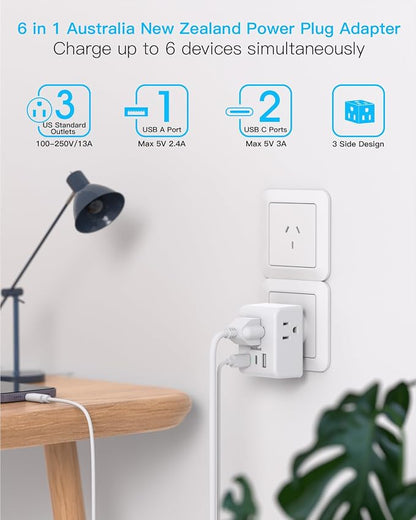 One Beat 2 Pack Australia New Zealand Travel Plug Adapter, Type I Plug Adapter with 3 American Outlets and 3 USB Ports (2 USB-C), Travel Essentials for USA to Australia, Argentina, China, Fiji