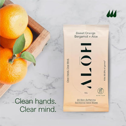 ALŌH Sweet Orange Bergamot + Aloe Sanitizing Hand Wipes - Clean Hands, Clear Mind - On The Go Hand Sanitizing Wipes for Kids and Adults - Travel Size 3 Pack 20ct Wipes (60 wipes)