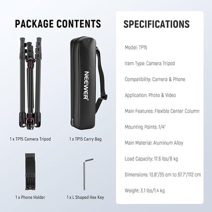 NEEWER Basics TP15 Camera Tripod Monopod, 68" Metal Heavy Duty Portable Travel DSLR Cell Phone Stand with Cellphone Holder Mount Compatible with iPhone Filming Video Recording, Ball Head Not Included