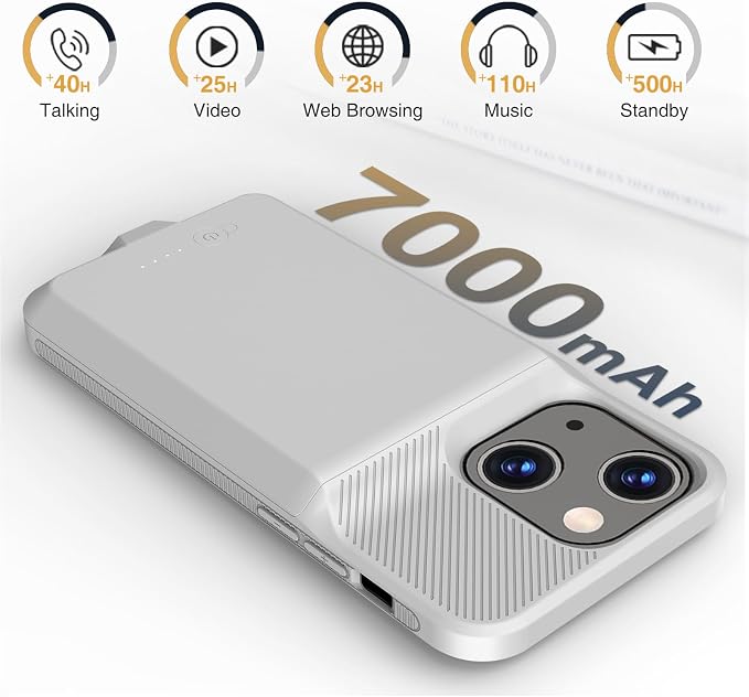 GIN FOXI Battery Case for iPhone 13/13 Pro/14/14 Pro, Charging Case Real 7000mAh Rechargeable Charger Cover Anti-Fall Protection Ultra-Slim Extended Battery Pack Juice Box,6.1" Gray