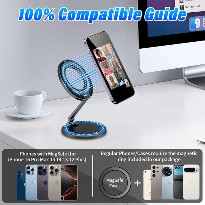 Upgraded Car Phone Holder for Magsafe [3-sided 4200gf Strongest Magnetic] 300° Folding Phone Stand for Desk, Portable Phone Ring Holder Grip, Phone Holders for Your Car Accessories for Phones/Tablets