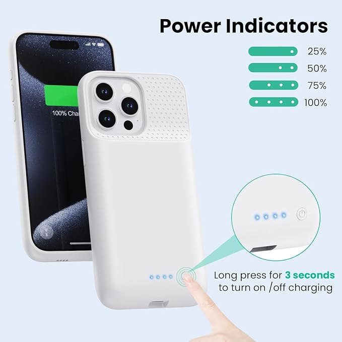 Battery Case for iPhone 15 Pro Max,Powerful 8600mah Ultra-Slim Protective Charging Case,15W Fast Charging Portable Rechargeable Expandable Battery Charger Cover for iPhone 15 Pro Max(6.7inch)-White