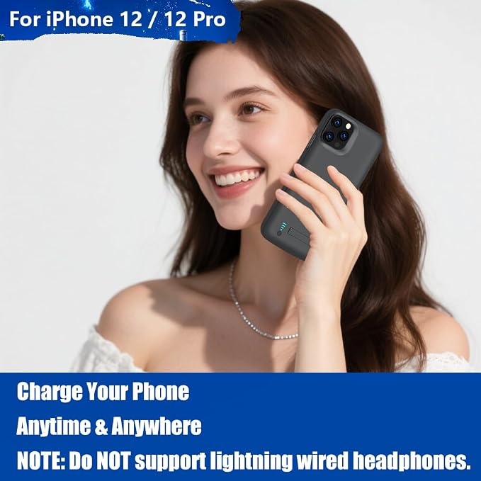 New Battery Case for iPhone 12 / iPhone 12 Pro, 5000mAh Rechargeable Extended Battery Charging Charger Case, Add 100% Extra Juice (6.1 Inches) Black