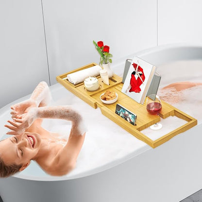 Banlilu Premium Natural Bamboo Expandable Bathtub Tray Caddy, Luxury Spa-Like Experience, Adjustable, Sturdy, Non-Slip, Foldable