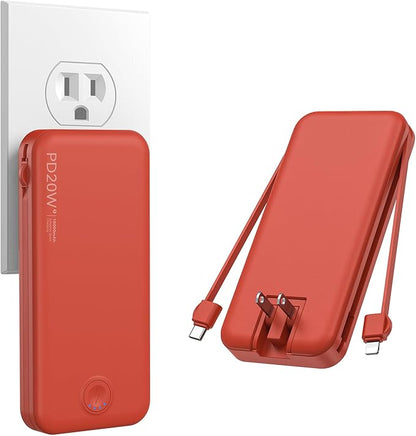 Nusyddy Portable Charger 10000mAh PD20W w/Built-in Cables & Wall Plug Red | PD20W Fast Charging, Battery Indicator, Pass Through Charging, TSA Approved, Compact/Slim, Power Bank for iPhone/iPad/Samsung