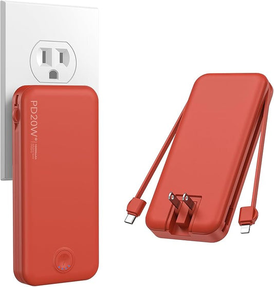 Nusyddy Portable Charger 10000mAh PD20W w/Built-in Cables & Wall Plug Red | PD20W Fast Charging, Battery Indicator, Pass Through Charging, TSA Approved, Compact/Slim, Power Bank for iPhone/iPad/Samsung