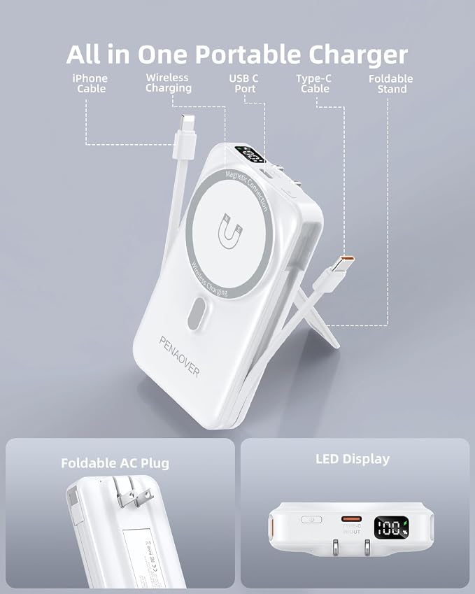 for Magsafe Magnetic Portable Charger, 10000mAh Wireless Power Bank with Built-in Cable & AC Wall Plug, Battery Pack PD 22.5W with Stand, LED Display for iPhone 17/16/15/14/13 Series, Samsung, Pixel