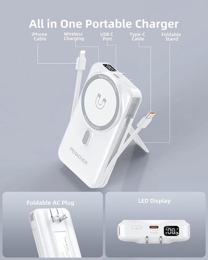 for Magsafe Magnetic Portable Charger, 10000mAh Wireless Power Bank with Built-in Cable & AC Wall Plug, Battery Pack PD 22.5W with Stand, LED Display for iPhone 17/16/15/14/13 Series, Samsung, Pixel