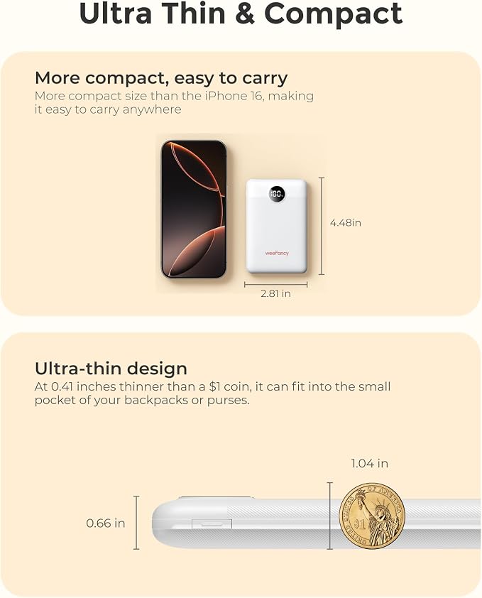 Small Portable Charger 10000mAh, Mini Power Bank with LED Display, 22.5W PD Fast Charging USB-C Battery Pack, Compact Lightweight Travel Charger Compatible with iPhone Samsung Android, White