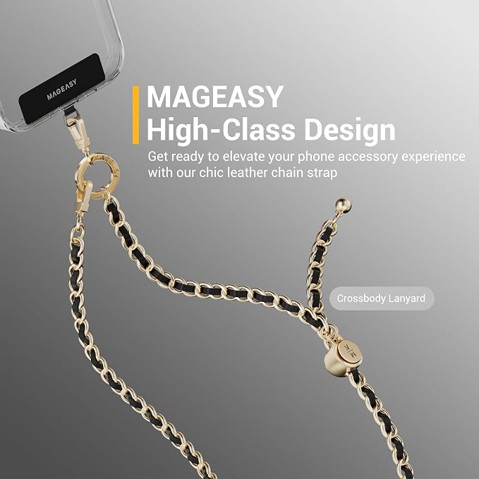 MAGEASY Crossbody Phone Chain Strap - Universal Metal Crossbody Phone Lanyard With Adjustable Length, Chic Cell Phone Necklace Phone Strap for iPhone & Android Phones - Classic Gold Metal