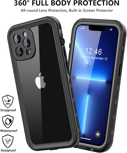 Protebox for iPhone 13 Pro Max Waterproof Case with Built-in Screen Protector, Shockproof Dustproof Full Body Protective IP68 Waterproof Phone Case for iPhone 13 Pro Max 6.7 inch (Black/Clear)