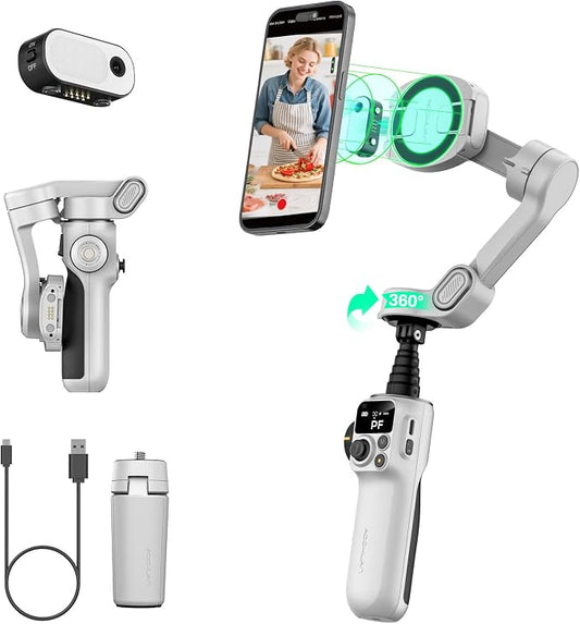 AOCHUAN Smart P2 Magnetic Gimbal Stabilizer for iPhone w/ 2-in-1 Fill Light & AI Tracking Sensor, Face Tracking No App Required, 3-Axis Phone Stabilizer w/Built-in Extension Rod, for Video Recording