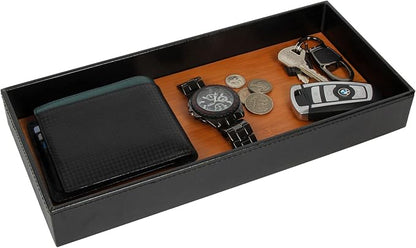 JACKCUBE Design Leather Bamboo Valet Tray for Men, Catch All Trays for Key, Phone, Wallet, Coin, Sunglasses, EDC Dump Storage (Black) - MK205A