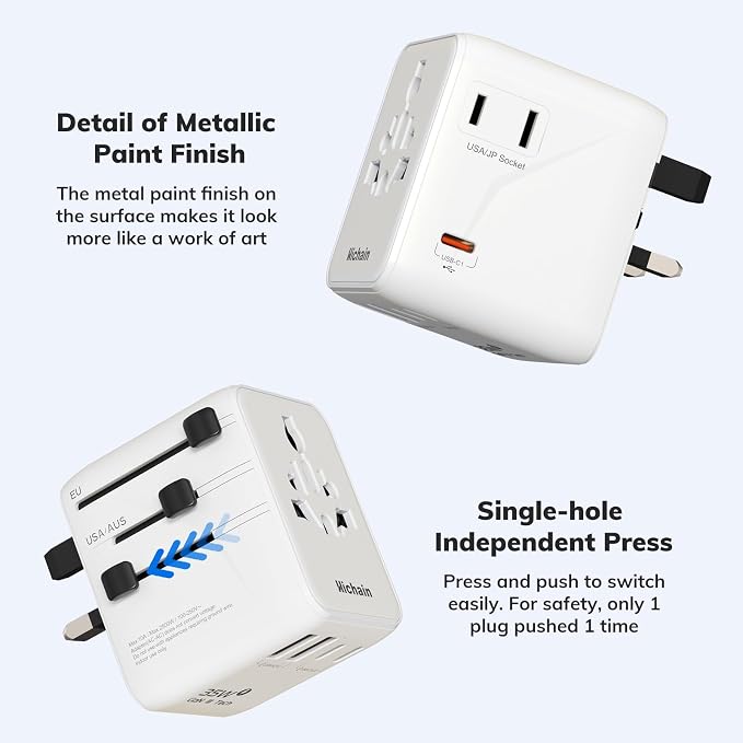 Hichain 35W Universal Travel Adapter, 7-in-1 International Power Adapter | Fast Charging Adapter for Europe Plug Universal Power Block, GaN Travel Adapter Worldwide Portable Plug for EU, UK, US, AUS
