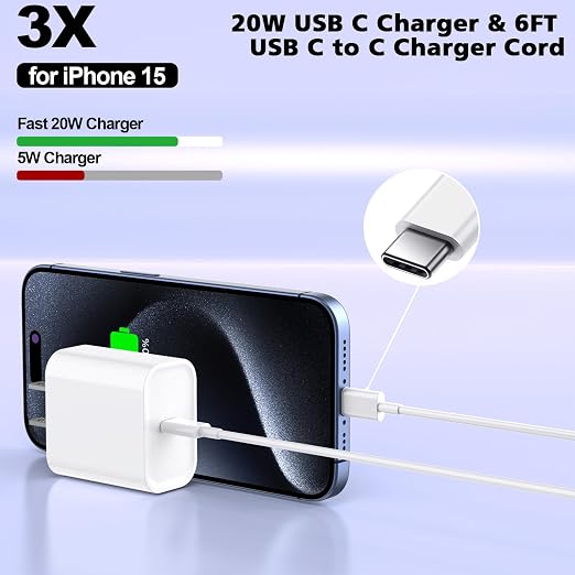 iPhone 16/15 Pro Max Charger Fast Charging,20W USB C Charger Block,3Pack Type C Fast Charging Cord Long USB C to C Wall Charge Cable for iPhone 16/16 Plus/16 Pro Max, iPad Pro 12.9"/11",iPad Air/Mini