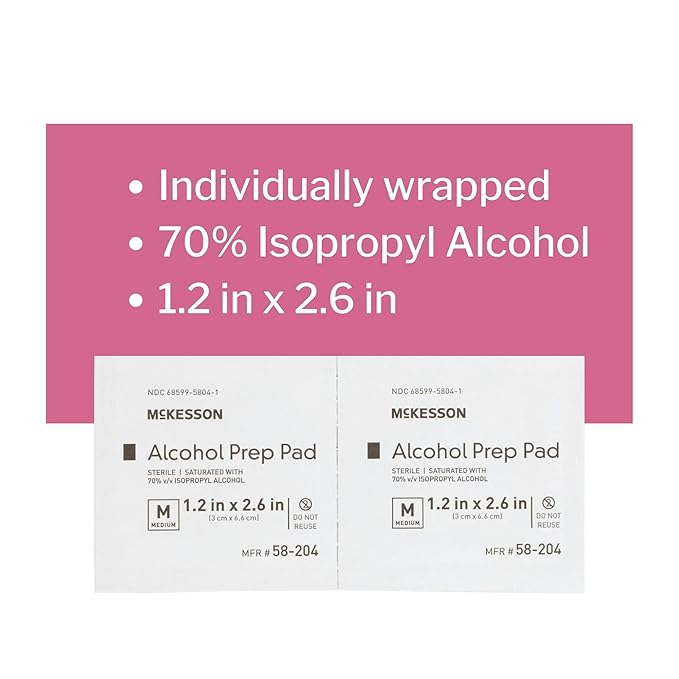 McKesson Alcohol Prep Pads [400 count] 70% Isopropyl, Individually Wrapped Wipes, Sterile, Medical-Grade, First Aid, Medium