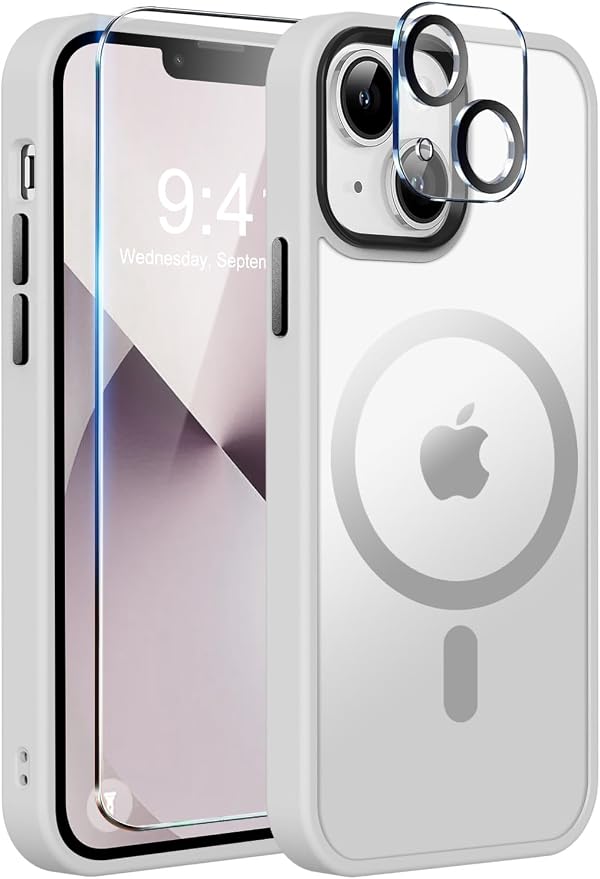 MOCCA Strong Magnetic for iPhone 13 Case, [Compatible with Magsafe][Screen Protector+Camera Lens Protector] Translucent Matte Back Slim Shockproof Case for iPhone 13 Phone Case 6.1", Frosted White