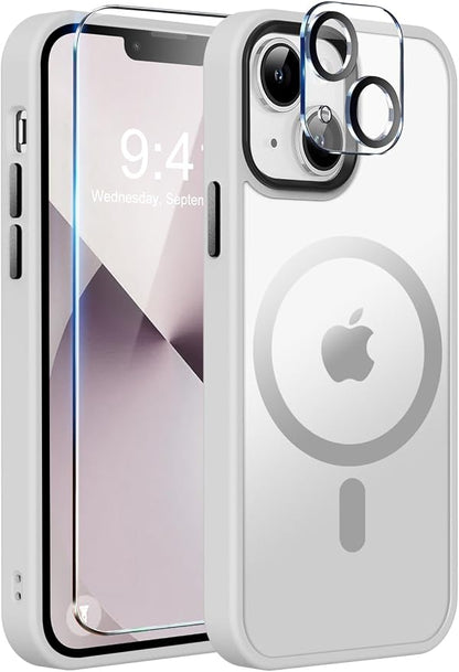 MOCCA Strong Magnetic for iPhone 13 Case, [Compatible with Magsafe][Screen Protector+Camera Lens Protector] Translucent Matte Back Slim Shockproof Case for iPhone 13 Phone Case 6.1", Frosted White